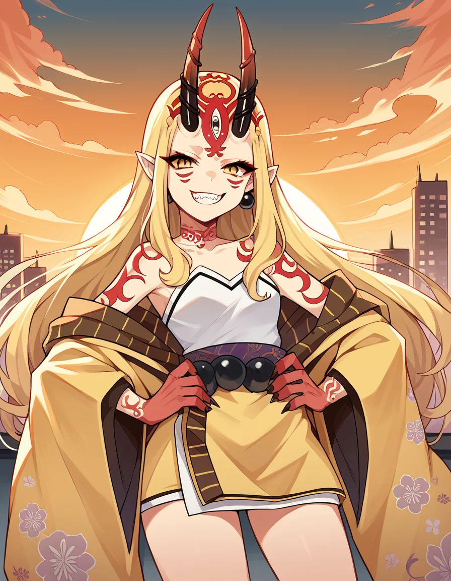 score_9, score_8_up, score_7_up, source_anime, <lora:fgo-ibaraki-douji-ponyxl-lora-nochekaiser:1>, ibaraki douji, blonde hair, facial mark, fang, forehead, horns, long hair, oni, oni horns, pointy ears, yellow eyes,, earrings, japanese clothes, jewelry, kimono, leg tattoo, neck tattoo, oni, oni horns, shoulder tattoo, tattoo, yellow kimono,, rooftop, sunset, cityscape, quiet moment, wind blowing, contemplative, smile, , smug, hands on hips,, solo,, cowboy shot, dutch angle