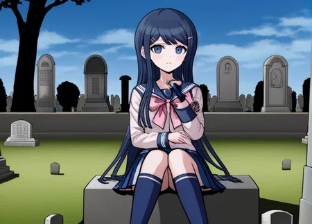 <lora:Sayaka_Maizono_SDXL:1>, (((blue socks))), The image is a screenshot from the Danganronpa S and is in danganronpa sprite style. (((blue socks))), Sayaka Maizono wearing her uniform from Danganronpa 1. She has her long blue hair down. She is wearing the white and blue Hope's Peak Academy uniform with a bright white top. Her sleeves reach her wrists. She's wearing a light pink ribbon. She has a short, pleated, blue skirt. Sayaka Maizono wears navy blue thigh-high socks. Her footwear is dark brown Mary Janes shoes. The setting is a cemetery. Sayaka Maizono is sitting in front of a grave with a headstone in the shape of a microphone.