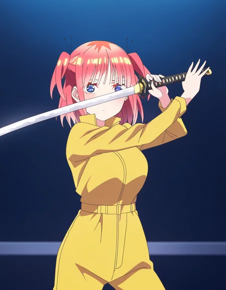 masterpiece, best quality, newest, absurdres, highres, safe,, <lora:nino-nakano-honeymoon-ponyxl-lora-nochekaiser:1>, nino nakano, short hair, bangs, blue eyes, large breasts, pink hair, blunt bangs, side ponytail, one side up, anime screencap, <lora:sword-guard-stance-illustriousxl-lora-nochekaiser:1>, sword guard stance, sword, weapon, solo, katana, holding, holding weapon, holding sword, looking at viewer, jumpsuit, yellow jumpsuit, high collar, cowboy shot, pants,, ,
