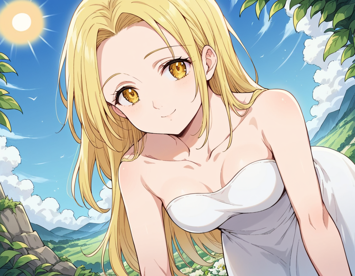 score_9, score_8_up, score_7_up, source_anime, <lora:nanatsu-elaine-s2s3-ponyxl-lora-nochekaiser:1>, elaine, long hair, blonde hair, yellow eyes,, dress, white dress, collarbone, bare shoulders, sun dress,, landscape, bent over, smile, looking at viewer, solo,, cowboy shot, dutch angle