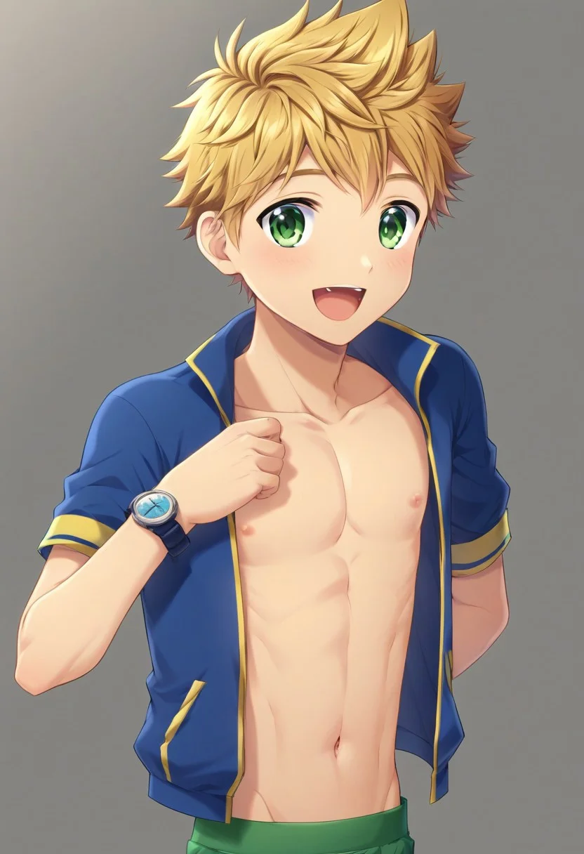 semi-shirtless, blond hair, short hair, kenji sato, spike hair, solo focus, subtle muscle definition, wear white open clothes, sleeveless wear blue watch on the left hand, happy expression, young male,