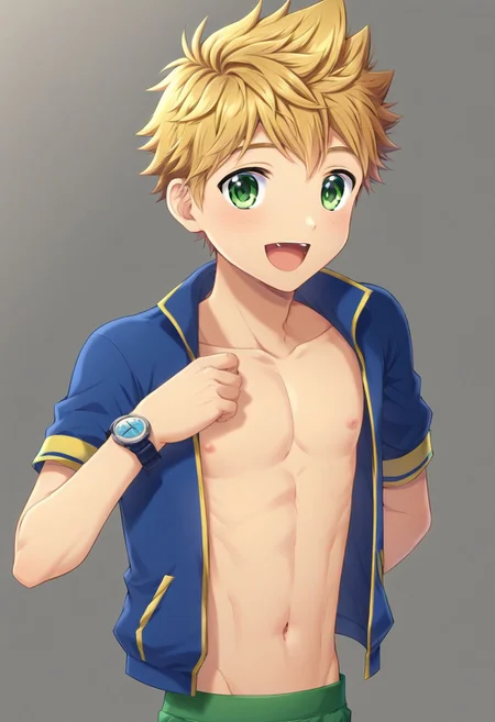 semi-shirtless, blond hair, short hair, kenji sato, spike hair, solo focus, subtle muscle definition, wear white open clothes, sleeveless wear blue watch on the left hand, happy expression, young male,