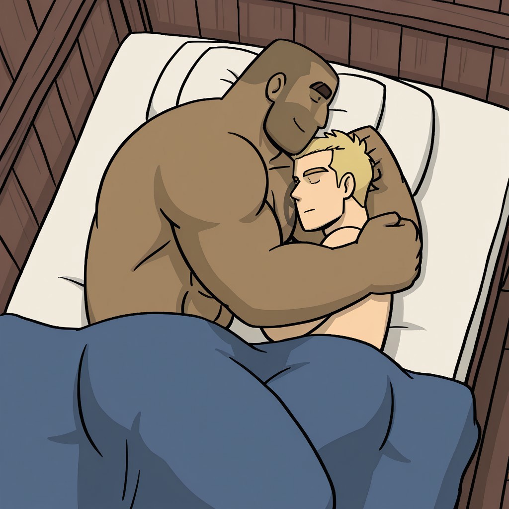 2men, 1man, BetonRMA, bald, dark skin, pectorals, abs, muscular, 1boy, bara, male focus, black dot eyes, BREAK, Beton, smile, hugging man, top role, on bed Break, (1 Slim boy, shaved, short blonde hair), eyes closed, sleeping, bottom rol, BREAK barracks background, bed mattress, covers, blankets, laying on side, (weight difference:1.1), , BREAK, creative,