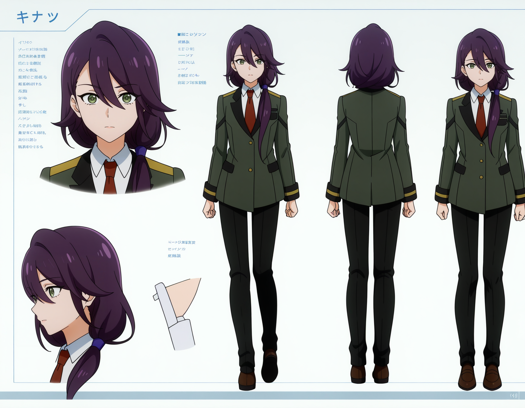 masterpiece, best quality, amazing quality, highres, absurdres, very aesthetic, high resolution, ultra detailed, perfect details,anime coloring, simple background,white background,
(model sheet),
<lora:ILL_ochiaimiyoshi_lion_e5:1> ochiaimiyoshi, long hair, bangs, shirt, long sleeves, jacket, standing, hair between eyes, purple hair, white shirt,green eyes, pants, uniform, ponytail, necktie, collared shirt, military, blazer, red necktie, military uniform,black pants, hair over shoulder,  low ponytail, formal, shoes, suit, brown footwear,loafers,
