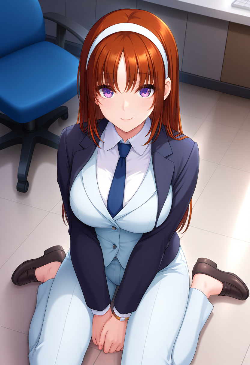 masterpiece, best quality, amazing quality, 1girl, solo, youkoww, purple eyes, brown hair, long hair, straight hair, white hairband, large breasts, (crossdressing:1.3), business suit, three-piece suit, jacket, open jacket, vest, necktie, white dress shirt, dress pants, dress shoes, oxfords, watch, <lora:Aoi_Youko_Chikankyou_ill:0.8>, from above, sitting, wariza, looking at viewer, smile, indoors, skindentation, detailed clothing folds, depth of field, sharp, high contrast, dynamic light