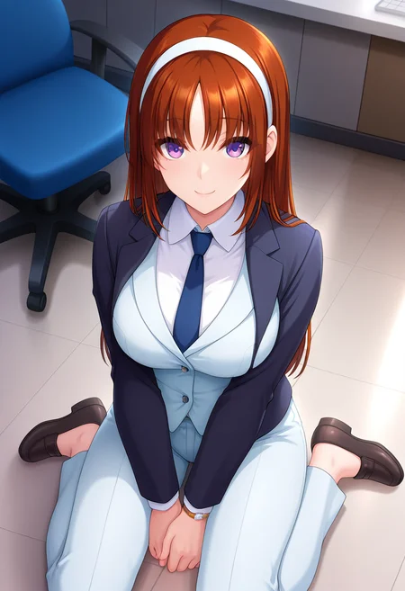 masterpiece, best quality, amazing quality, 1girl, solo, youkoww, purple eyes, brown hair, long hair, straight hair, white hairband, large breasts, (crossdressing:1.3), business suit, three-piece suit, jacket, open jacket, vest, necktie, white dress shirt, dress pants, dress shoes, oxfords, watch, <lora:Aoi_Youko_Chikankyou_ill:0.8>, from above, sitting, wariza, looking at viewer, smile, indoors, skindentation, detailed clothing folds, depth of field, sharp, high contrast, dynamic light