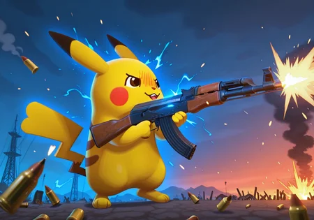 masterpiece, best quality, amazing quality, very aesthetic, absurdres, newest, animal crossing style, 3d, pikachu, firing_gun, ak-47, assault_rifle, muzzle_flash, bullet_casings, recoil, sparks, intense_action, small_character_holding_large_weapon, dynamic_pose, dramatic_lighting, battlefield_smoke, glowing_embers, neon_glow, wild_expression, exaggerated_recoil, cinematic_composition, motion_blur, pikaole<lora:ak-47.safetensors:1.0:1.0> <lora:animal crossing style_3d_ill.safetensors:1:1>