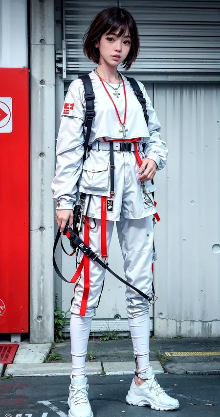 (original: 1.2), (far shot), (realistic: 1.3) (mixed Korean), masterpiece, best quality, beautiful clean face, fullbody, 1girl, teenager, wearing white techwear jacket and orange trousers with buckle and tape, (crystal necklace), posing for a picture, (red short hair), long legs, big happy warm smile, carrying a cobalt backpack, on the street <lora:urbansamuraiv3testing:0.6>