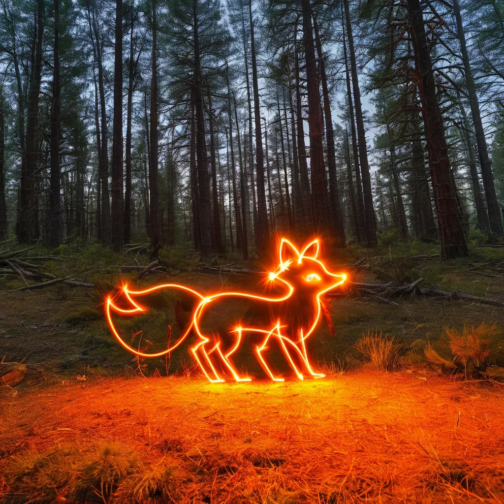 orange light painting of a fox, forest setting