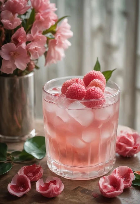 RAW photo, lychee rose cooler, hot summer day, food photo, DSLR, fresh lychee and rose petals garnish, soft lighting, high quality, film grain, Fujifilm XT