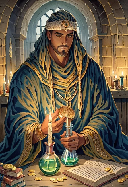 score_9, score_8_up, score_7_up, oblivionarts, solo, 1boy, alchemist, ((african male)), beard, robes, turban, vial, potion, book, coin purse, gold coins, dark room, candle lit, apothecary background, traditional art, medieval, <lora:Oblivion:.6>