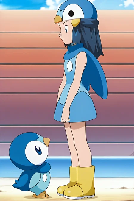 anime, anime screencap, dawnpip, 1girl, long hair, blue eyes, shirt, skirt, black hair, hair ornament, piplup \(cosplay\), hat, closed mouth, standing, blue hair, full body, boots, sleeveless, hairclip, blurry, scarf, blue skirt, eyelashes, sleeveless shirt, bare arms, ((pokemon \(creature\))), blue headwear, beanie, yellow footwear, knees, piplup, sidelocks, outdoors, day, from side, cosplay, profile, blue dress, dawn \(pokemon\)
<lora:Dawn_Piplup_Cosplay-10:1>