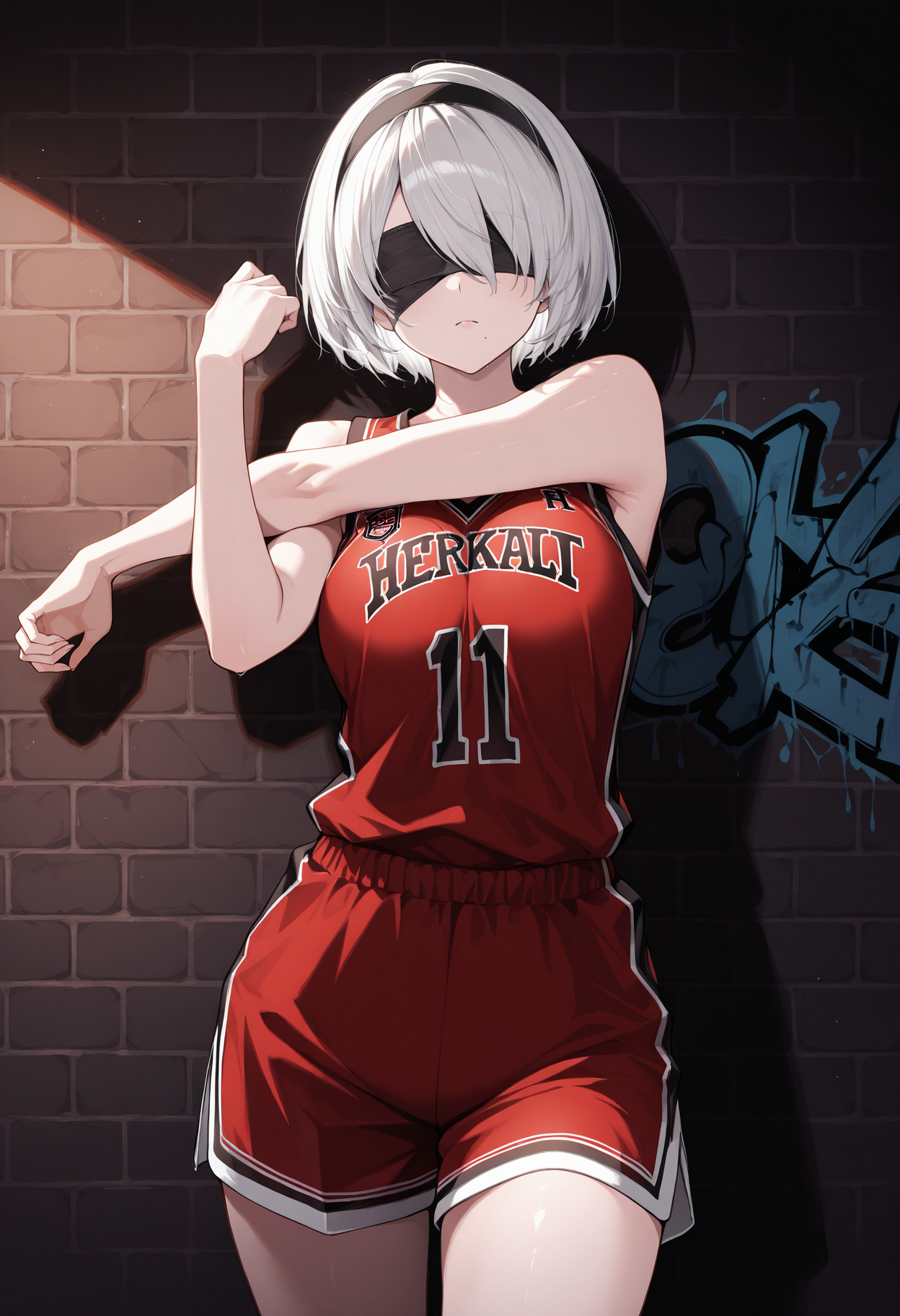 masterpiece, best quality, 1girl, solo, tw0B, mole under mouth, short hair, hair over one eye, white hair, basketball jersey, basketball uniform, breasts, red shirt, (graffiti:1.1), (brick wall), dark theme, stretching, cross-body stretch, black blindfold, black hairband, shorts, dim lighting, dark background, backlighting, looking at viewer