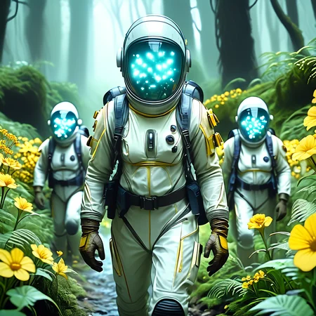 Score_9, score_8_up, score_7_up, score_6_up,BREAK <lora:2020s_Sci-Fi_MoviePony:1> ArsMovieStill, Movie still from a 2020s Sci-Fi movie, The image shows a group of astronauts walking through a forest wearing spacesuits and surrounded by plants and trees. The image is animated giving the impression of movement and exploration., yellow flower, helmet, flower, nature, backpack, gloves, outdoors, walking, tree, bag
