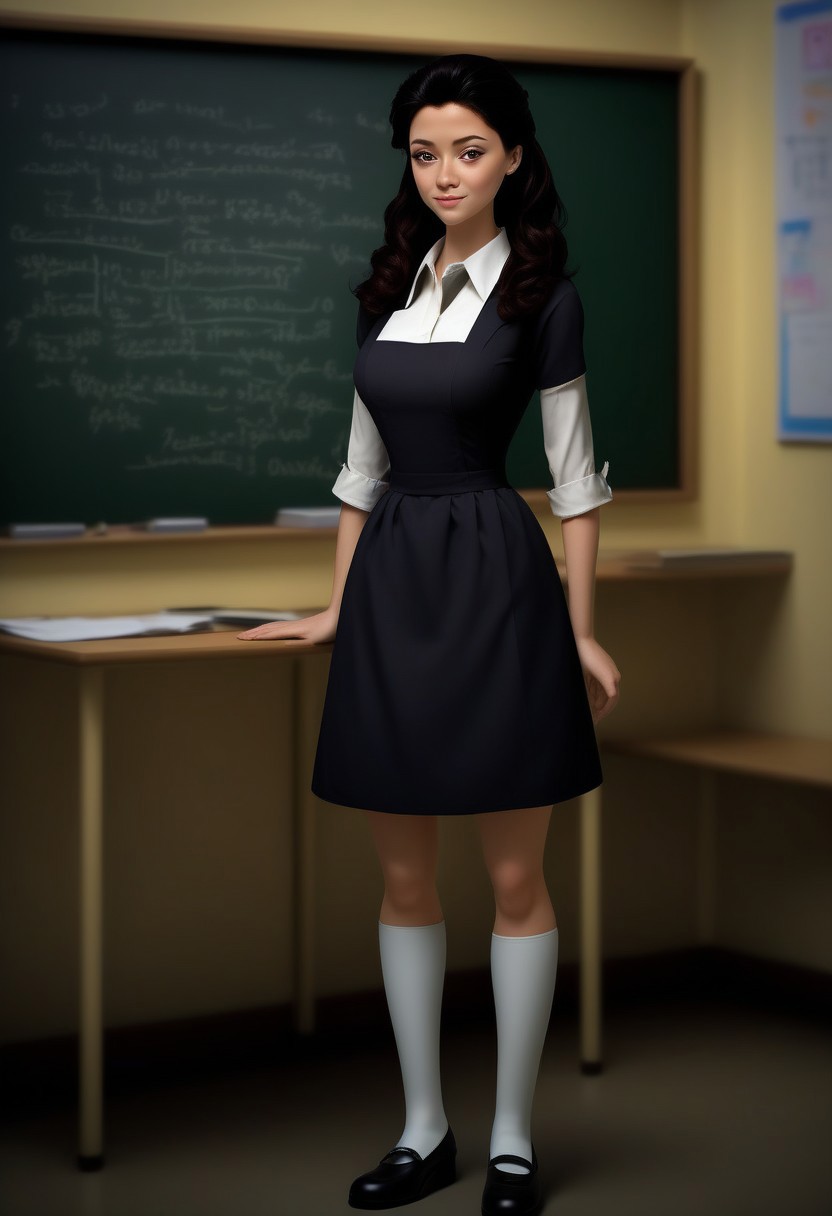 princess hildegard, brown eyes, black hair, 1girl, solo,  best quality, (3/4 view:1.5), full body view,gorgeous 18 year old , narrow face, high cheekbones, sexy, long wavy ginger hair,perfecteyes, pale skin, freckles, (soviet school uniform), brown uniform, white lace collar, short skirt, small white apron, detailed face, (happy smile:0.9), long slim legs, breathtaking, charm, award winning photography, ((in a classroom, blackboard))