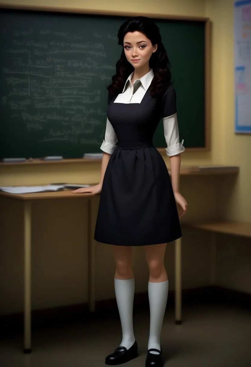 princess hildegard, brown eyes, black hair, 1girl, solo, best quality, (3/4 view:1.5), full body view,gorgeous 18 year old , narrow face, high cheekbones, sexy, long wavy ginger hair,perfecteyes, pale skin, freckles, (soviet school uniform), brown uniform, white lace collar, short skirt, small white apron, detailed face, (happy smile:0.9), long slim legs, breathtaking, charm, award winning photography, ((in a classroom, blackboard))