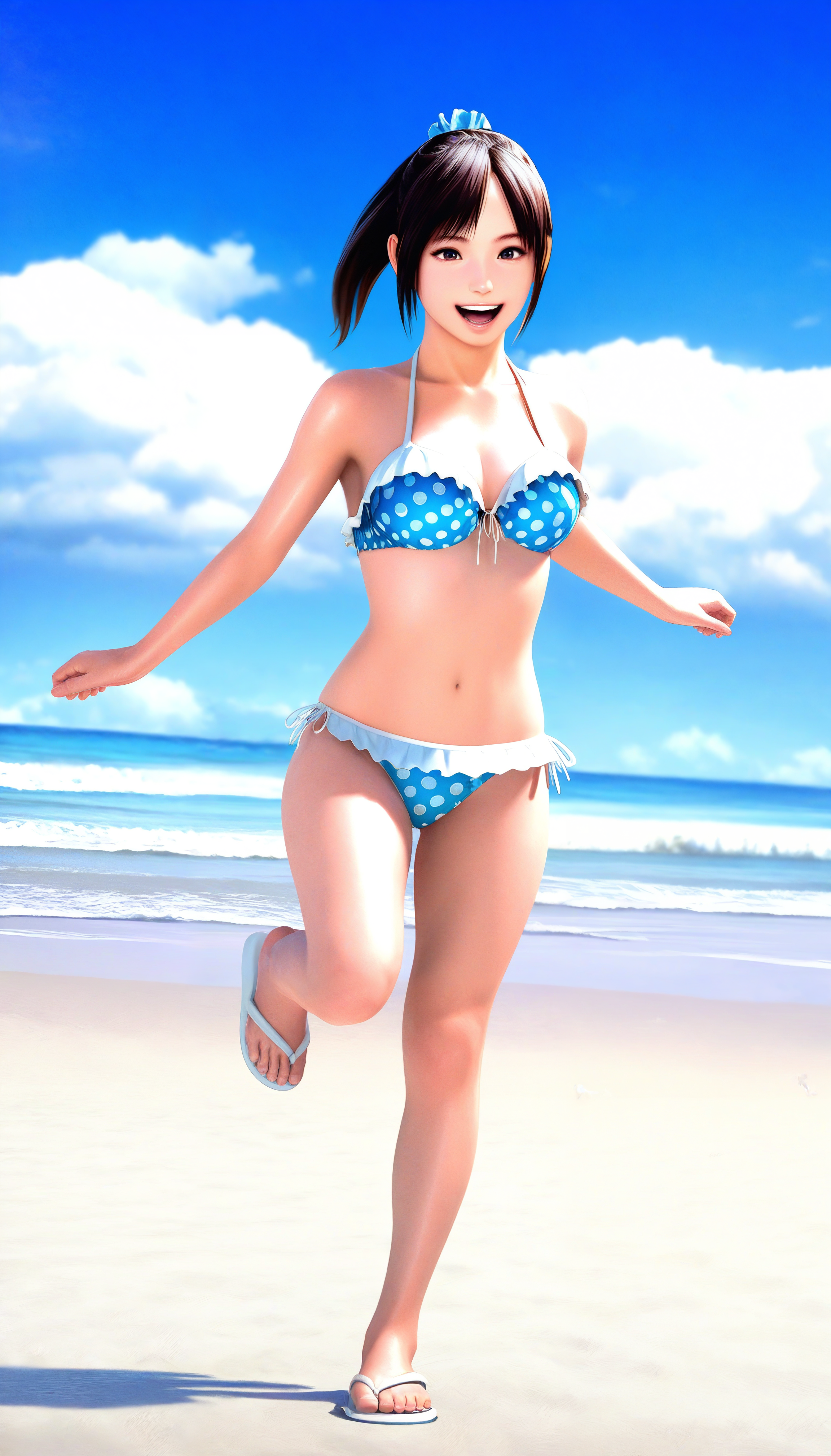 masterpiece,best quality,amazing quality,
<lora:miiyamotohikariNAI:1>,miiyamotohikari,realistic,
1girl,solo,black hair,ponytail,bangs,blue scrunchie,brown eyes,blue bikini with white trim,white ribbon,white flip-flops,standing on one leg,running,leg up,open smile,in water,splash,beach,blue sky,cloud,hill,day,