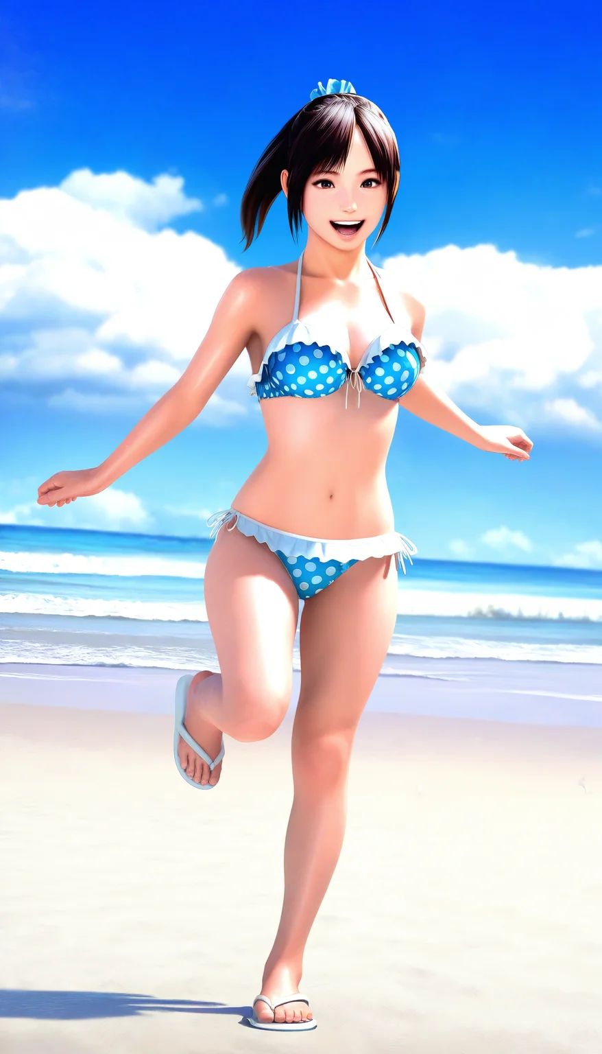 masterpiece,best quality,amazing quality,
<lora:miiyamotohikariNAI:1>,miiyamotohikari,realistic,
1girl,solo,black hair,ponytail,bangs,blue scrunchie,brown eyes,blue bikini with white trim,white ribbon,white flip-flops,standing on one leg,running,leg up,open smile,in water,splash,beach,blue sky,cloud,hill,day,