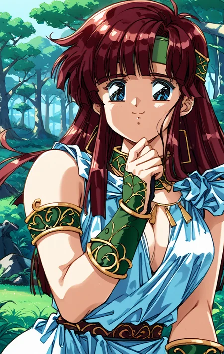 score_9, score_8_up, score_7_up, BREAK best quapoty, highres, absurdres, source_anime, Absurdres, 1girl, solo, upper body, forest background, grass, trees, DK3Luna, armlet, necklace, circlet, smile, closed mouth, bare shoulders, headband, white sleeveless dress, detached sleeves, standing, cleavage, <lora:DKLuna_SDXL-000005:1.0>, <lora:DK4Style_SDXL:1.0> DK4Style