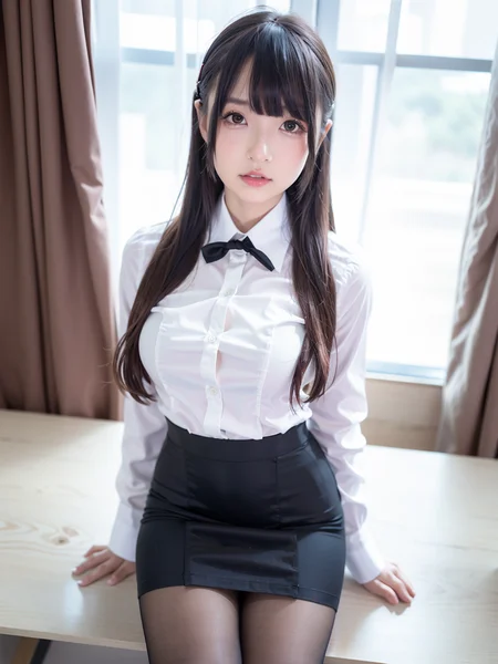 <lora:mafuyulightmakeup:0.7>, mafuyu, 1girl, solo, realistic, makeup, long hair, brown hair, bangs, black eyes, looking at viewer, blurry, day, blush, soft light, 8K, ultra high resolution, ultra-detailed, photorealistic, an extremely delicate and beautiful, caffe, (white shirt:1.1), microskirt, (pencil skirt:1.1), (pantyhose:1.2), corset,