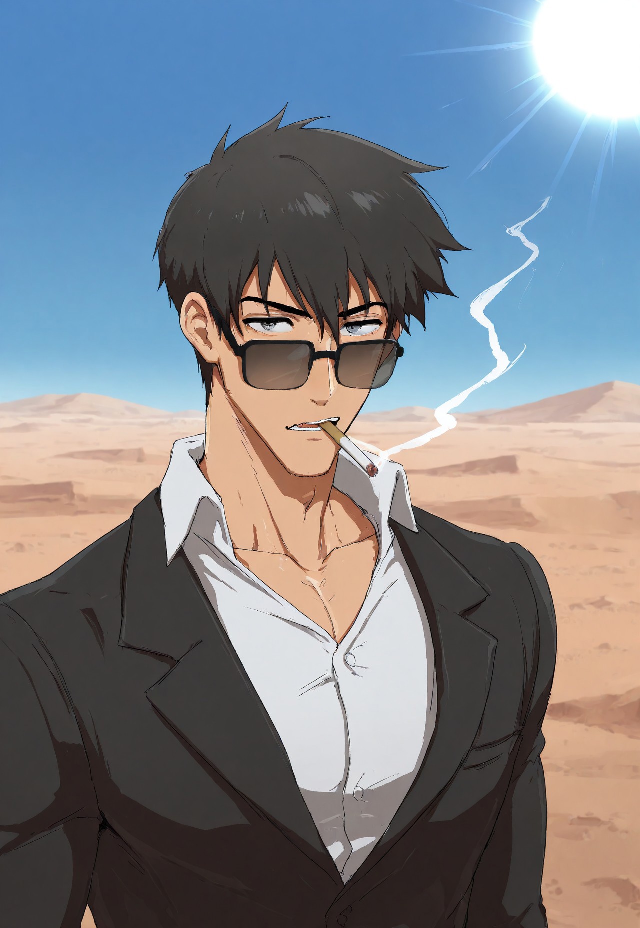 masterpiece, best quality, amazing quality, very aesthetic, absurdres, newest, detailed background, 1boy, solo, trigun stampede, nicholas d. wolfwood, black hair, grey eyes, suit, removing eyewear, glacing at viewer, upper body, outdoors, desert, sun, sunbeam, light rays, mouth open slightly, smoking, cigarette