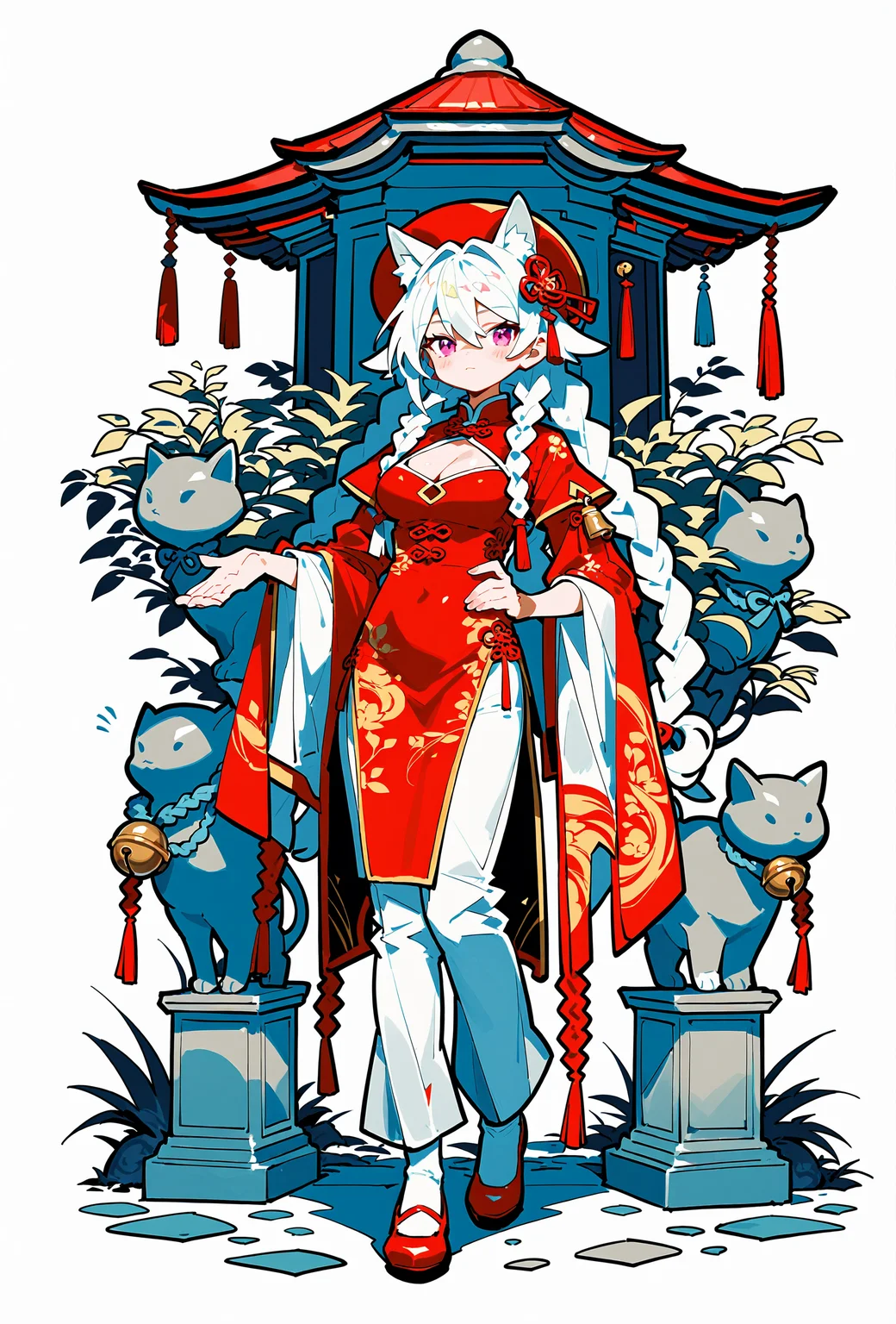 (score_9,score_8_up,score_7_up),
<lora:GIAST STYLE_tpony:0.8>,
,(giast:1.3)
1girl, animal ears, braid, solo, white background, bell, red footwear, wide sleeves, simple background, twin braids, long hair, white hair, long sleeves, looking at viewer, shoes, full body, chinese clothes, blush, closed mouth, horns, statue, cleavage cutout, hair between eyes, holding, bangs, shawl, pink eyes, white legwear, cat ears, red headwear, standing, pants, clothing cutout, dress, red eyes, red dress, tassel, hat