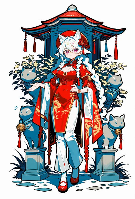 (score_9,score_8_up,score_7_up),
<lora:GIAST STYLE_tpony:0.8>,
,(giast:1.3)
1girl, animal ears, braid, solo, white background, bell, red footwear, wide sleeves, simple background, twin braids, long hair, white hair, long sleeves, looking at viewer, shoes, full body, chinese clothes, blush, closed mouth, horns, statue, cleavage cutout, hair between eyes, holding, bangs, shawl, pink eyes, white legwear, cat ears, red headwear, standing, pants, clothing cutout, dress, red eyes, red dress, tassel, hat