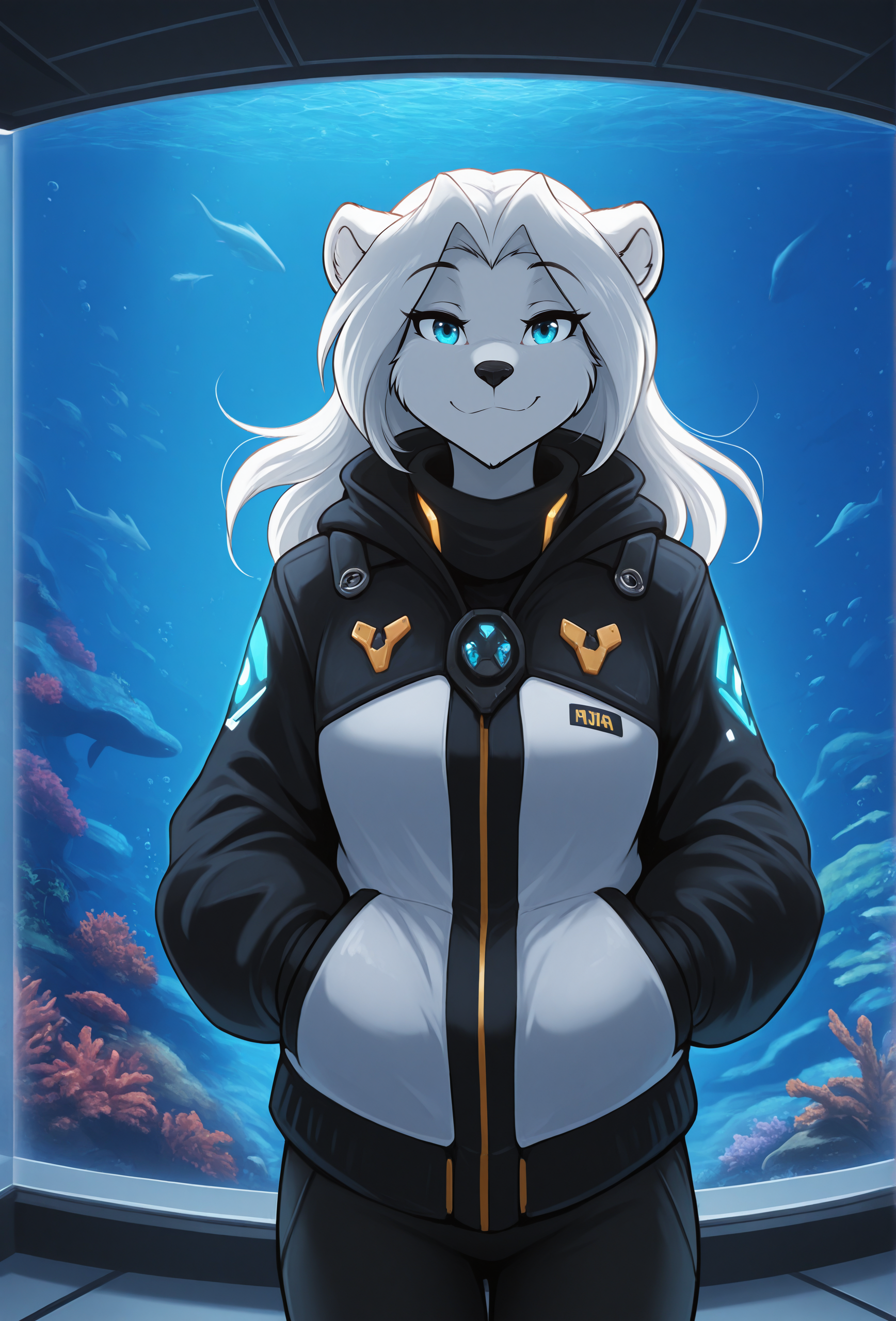 (masterpiece, best quality, very aesthetic, absurdres:1.2), 1girl, furry, science fiction, aquarium, polar bear, straight-on, jacket, looking at viewer, smile, <lora:tom_fischbach_style_illustrious_v1.5:1> tomfb, white hair, blue eyes