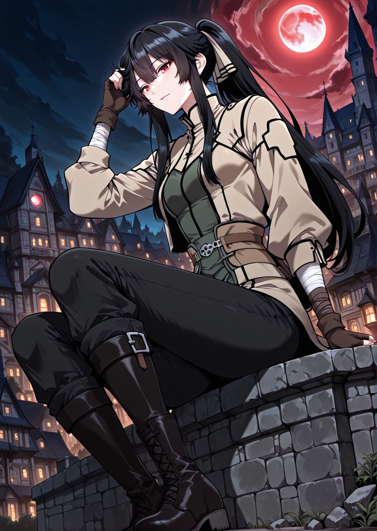 <lora:Jasmine_Flamesworth__The_Beginning_After_the_End__Illustrious:1>
1 girls, solo, red eyes, black hair, long hair, ponytail, bangs, hair between eyes, sidelocks, small breasts
brown jacket, greeb ribbon, fingerless gloves, long sleeves, black pants, black boots, bandages
score_9, score_8_up, score_7_up, very aesthetic, source_anime, detailed, high quality, beautiful, masterpiece, detailed eyes, castle, village, blurry background, cityscape, pose dynamic angle, light smile, open mouth, hand on hair, sitting, night, red moon, <lora:iLLMythG0thicL1nes:1>