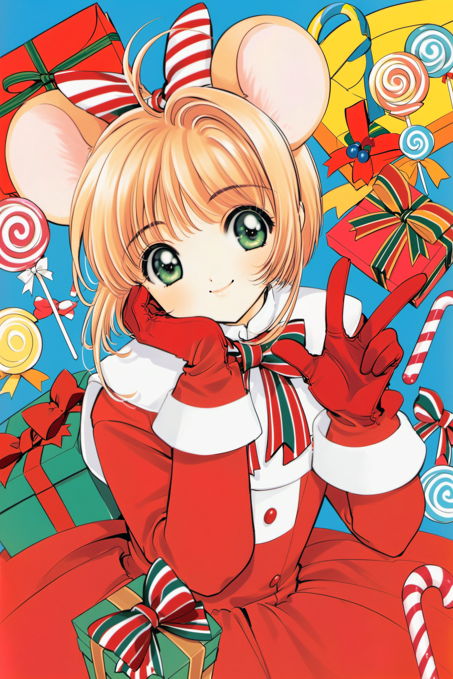 1girl, kinomoto sakura, solo, candy, bow, red gloves, green eyes, food, animal ears, striped bow, gloves, smile, mouse ears, short hair, 1990s (style), striped, antenna hair, retro artstyle, dress, v,looking at viewer, candy cane, long sleeves, fake animal ears, bangs, head rest, closed mouth, red dress, bowtie, gift, ribbon, box, swirl lollipop, lollipop, brown hair, blonde hair, red bow, flower, gift box,<lora:Card Captor Sakura_XL:0.8>,