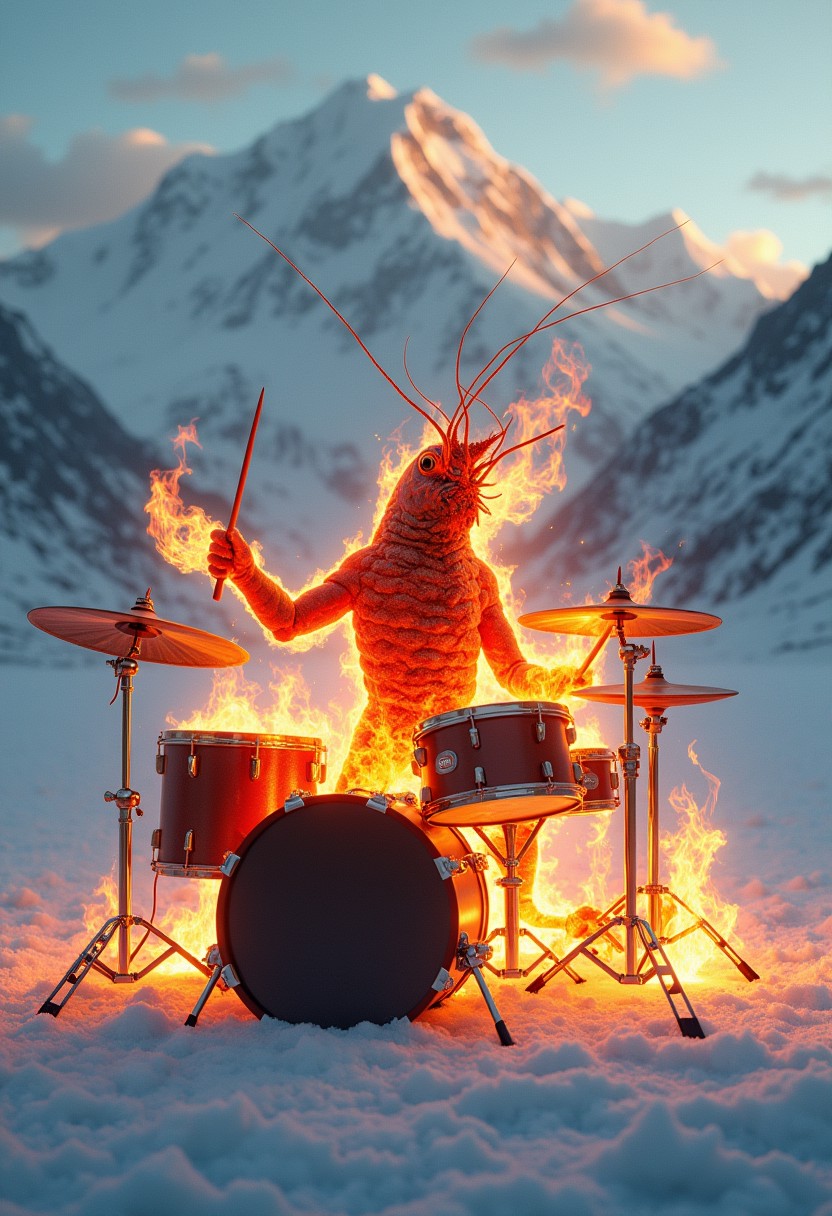 A semi-realistic shrimp playing a drum solo on mount Everest. Both shrimp and Drums are engulfed in flames. Masterpiece, 4K.