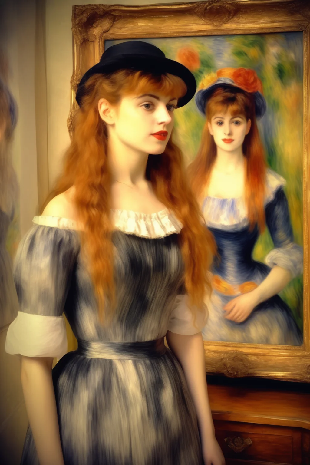 <lora:Pierre Auguste Renoir Style:1>Pierre Auguste Renoir Style - a young woman standing next to a portrait of herself painted by Pierre-Auguste Renoir