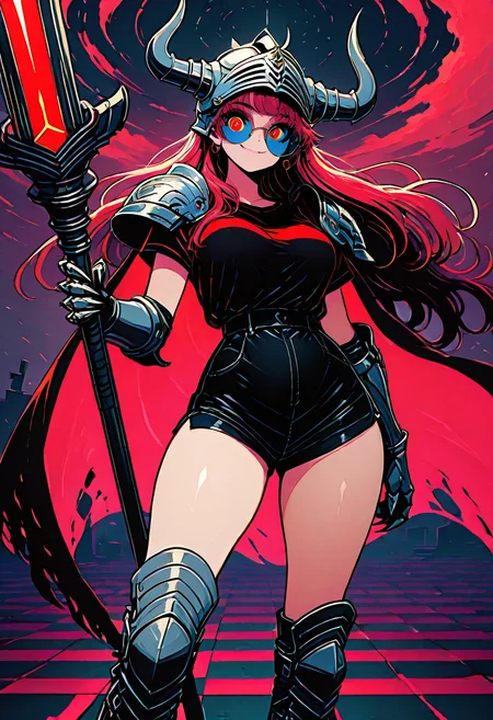 masterpiece, best quality, solo, curvy, beautiful eyes, narrow waist, wide hips, 1girl, solo, smile, looking at viewer, dynamic angle, foreshortening, close up,    t-shirt, tinted eyewear,  <lora:80sPopStyle_IXL_v1:1.0>,  [Nightmare Knightâs Armor], matte-black plated armor with blood-red rivets, rook-carved shoulder guards, torn cape with jagged hem, helmet crowned with dark plume, double-bladed lance with knight sigil, gauntlets with clawed fingers, chain boots, thunderstorm sky, battle-worn chessboard field, tense posture, glowing red eyes,