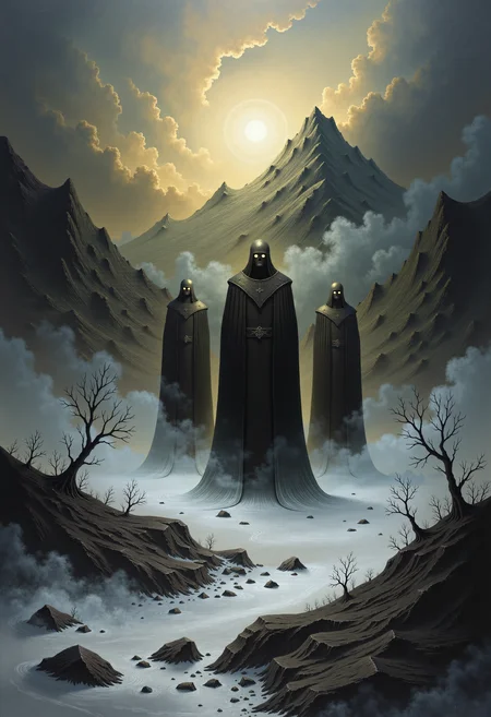 0n1r1c, Create this dramatic impasto artwork that decipts the three Norse Norns from the Völuspá poem of the Edda, stand on a vast, frozen ice field. 
The sky is overcast with dark, brooding clouds, and the low-hanging sun casts an eerie, mystical glow over the scene. 
The Norns wear long, heavy garments reminiscent of medieval Norse attire, and their faces are shrouded in mystery, adding to their enigmatic presence. 
The atmosphere is calm, silent, and timeless, emphasizing the Norns' mystical nature as the weavers of fate. Surrounding them are ancient, withered trees and a distant silhouette of a rugged mountain range, further enhancing the otherworldly setting.
This dystopian, post-apocalyptic-style painting features a monochromatic scheme, primarily with shades of black, gray, and white.