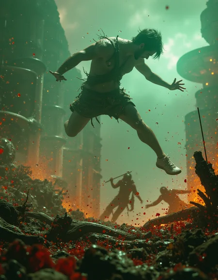 touch of verdigris style photograph, an intense moment in a video game battle, with characters leaping into action, surrounded by dynamic lighting and effects
