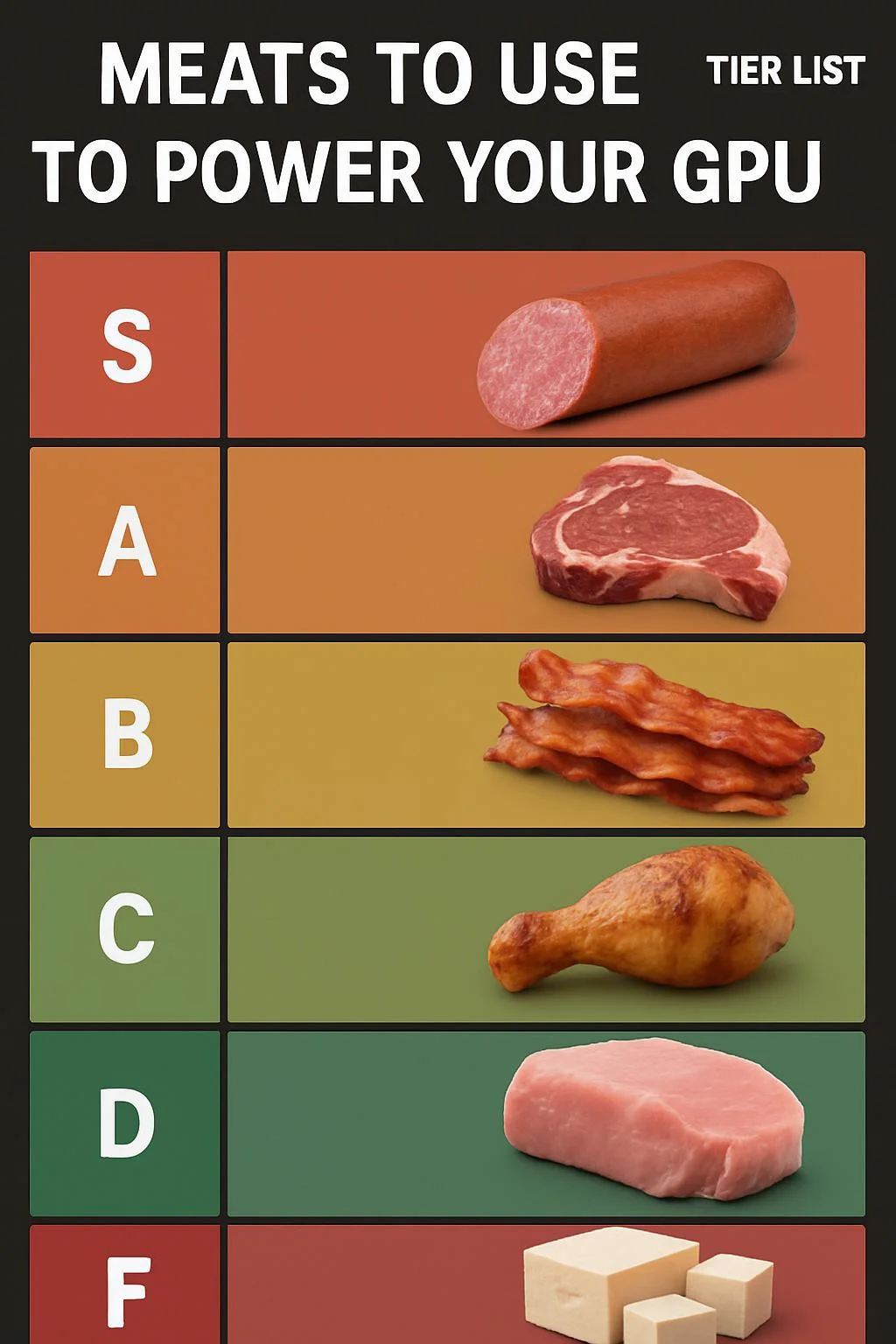 Tier list (with title) for meats to use to power your GPU with salami being S tier and tofu being F tier