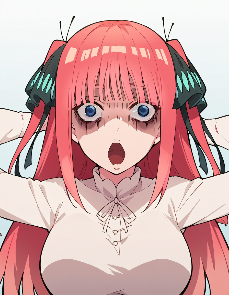 score_9, score_8_up, score_7_up, source_anime, <lora:nnakano-s2-ponyxl-lora-nochekaiser:1>, long hair, bangs, blue eyes, hair ornament, hair ribbon, pink hair, blunt bangs, two side up, butterfly hair ornament, large breasts,, <lora:shocked-black-guy-ponyxl-lora-nochekaiser:1> shocked black guy, open mouth, looking at viewer, hands behind head, shaded face,, , ,
