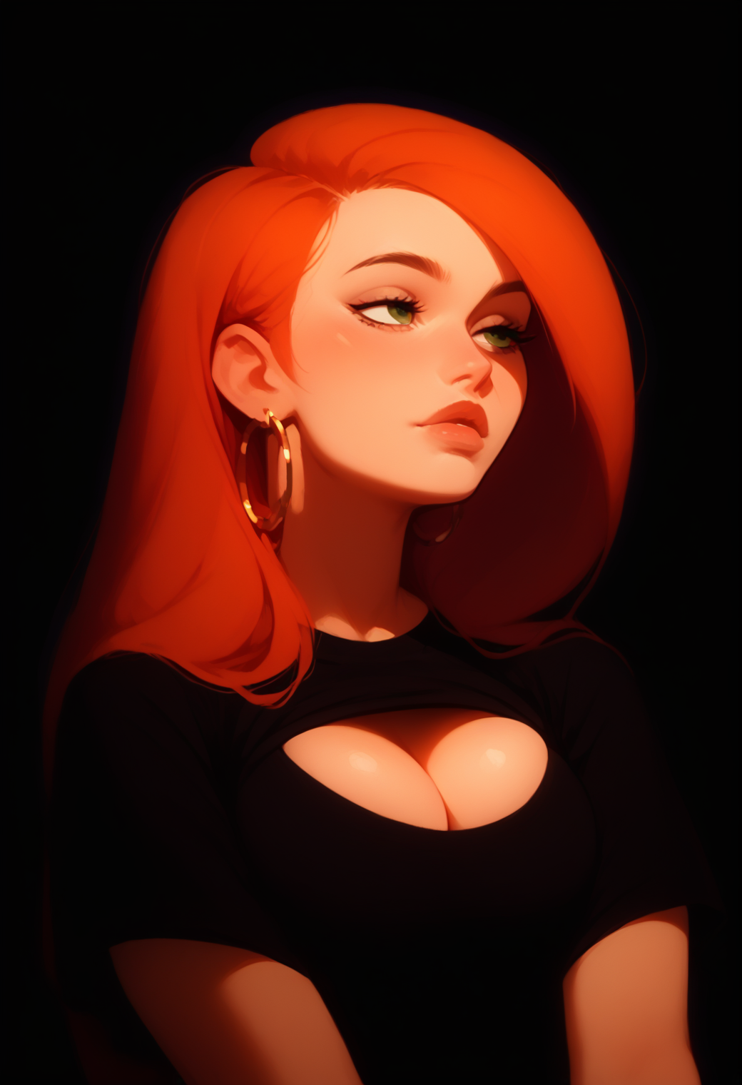 score_9, score_8_up, score_7_up, score_6_up, high res image,masterpiece, skindentation, T-shirt, solo, 1 girl, orange hair, Kim Possible, <lora:sdxl_Kim_Possible:1>, forehead, incoming kiss, face waiting for kiss, gloss lips, large breasts, cleavage, earring, eyelashes, seductive pose, outdoors, simple background, blurry background, close up, front view, front shot, <lora:sdxl_longneck-v2.1:-1>, from below, dutch angle, <lora:sdxl_PatheticTestEight-000015:0.4>, (source_anime:0.5), <lora:sdxl_S1_Dramatic_Lighting_v2:0.4>, hoop earring, <lora:sdxl_flat:0.5>, looking at the distance, <lora:sdxl_ponyv4_noob1_2_adamW-000017:1>, <lora:sdxl_DarkerThanDarkV1:0.8>, underlight, black background, simple background, <lora:sdxl_Underlighting Underlight light from below style:0.5>, <lora:sdxl_longneck-v2.1:-1>, chiaroscuro, harsh light, film grain, blurry background, depth of field, <lora:sdxl_princess_xl_v2:0.2>, <lora:sdxl_incase_style_v2_ponyxl_ilff:0.4>,  <lora:sdxl_g0th1cPXL:0.3> , <lora:sdxl-Expressive_H-000001:.3>