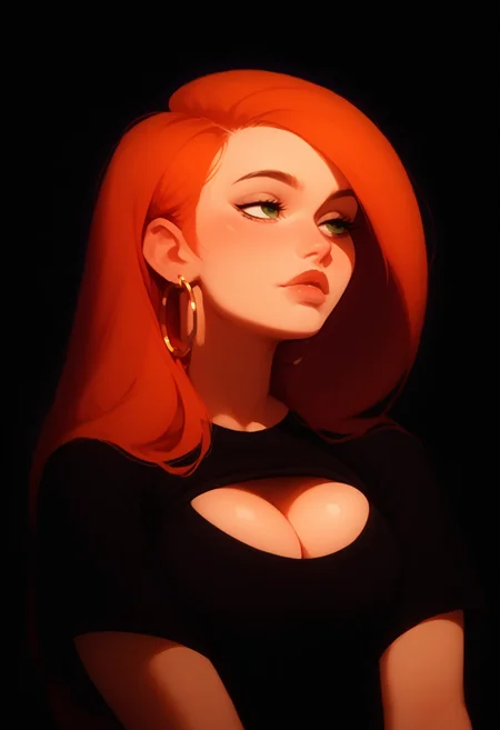 score_9, score_8_up, score_7_up, score_6_up, high res image,masterpiece, skindentation, T-shirt, solo, 1 girl, orange hair, Kim Possible, <lora:sdxl_Kim_Possible:1>, forehead, incoming kiss, face waiting for kiss, gloss lips, large breasts, cleavage, earring, eyelashes, seductive pose, outdoors, simple background, blurry background, close up, front view, front shot, <lora:sdxl_longneck-v2.1:-1>, from below, dutch angle, <lora:sdxl_PatheticTestEight-000015:0.4>, (source_anime:0.5), <lora:sdxl_S1_Dramatic_Lighting_v2:0.4>, hoop earring, <lora:sdxl_flat:0.5>, looking at the distance, <lora:sdxl_ponyv4_noob1_2_adamW-000017:1>, <lora:sdxl_DarkerThanDarkV1:0.8>, underlight, black background, simple background, <lora:sdxl_Underlighting Underlight light from below style:0.5>, <lora:sdxl_longneck-v2.1:-1>, chiaroscuro, harsh light, film grain, blurry background, depth of field, <lora:sdxl_princess_xl_v2:0.2>, <lora:sdxl_incase_style_v2_ponyxl_ilff:0.4>, <lora:sdxl_g0th1cPXL:0.3> , <lora:sdxl-Expressive_H-000001:.3>