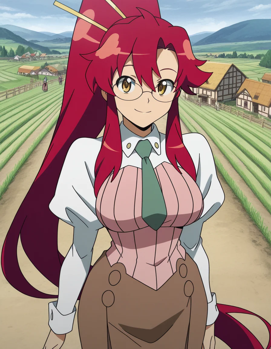 masterpiece, best quality, amazing quality,, <lora:yoko-littner-s1-illustriousxl-lora-nochekaiser:1>, yoko littner, long hair, hair ornament, ponytail, red hair, mature female, breasts, anime screencap, skirt, necktie, glasses, long skirt, teacher, puffy sleeves, long sleeves, teacher, ribbed shirt, pink shirt, collared shirt, brown skirt, village, houses, community, rural, farms, smile, from above, looking at viewer, solo,, cowboy shot, solo