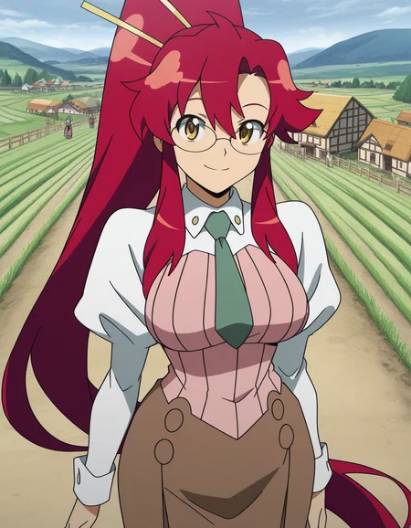 masterpiece, best quality, amazing quality,, <lora:yoko-littner-s1-illustriousxl-lora-nochekaiser:1>, yoko littner, long hair, hair ornament, ponytail, red hair, mature female, breasts, anime screencap, skirt, necktie, glasses, long skirt, teacher, puffy sleeves, long sleeves, teacher, ribbed shirt, pink shirt, collared shirt, brown skirt, village, houses, community, rural, farms, smile, from above, looking at viewer, solo,, cowboy shot, solo