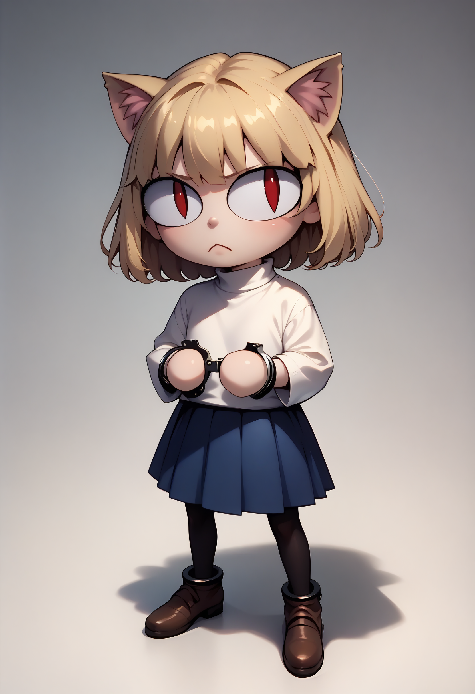 score_9, score_8_up, score_7_up BREAK <lora:HandcuffsV2:1> handcuffs, cuffs,  <lora:necoarc-guy-PONYv1_1:1> necoarc, blonde hair, red eyes, slit pupils, cat ears, :3, chibi, turtleneck, white shirt, blue skirt, pleated skirt, pantyhose, brown footwear, turtleneck, white shirt, purple skirt, pantyhose
