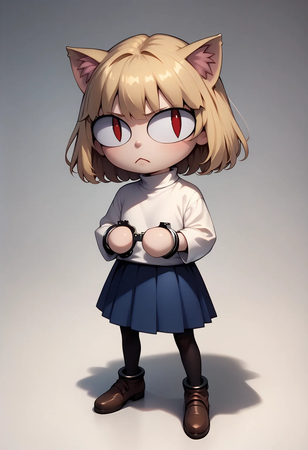 score_9, score_8_up, score_7_up BREAK <lora:HandcuffsV2:1> handcuffs, cuffs, <lora:necoarc-guy-PONYv1_1:1> necoarc, blonde hair, red eyes, slit pupils, cat ears, :3, chibi, turtleneck, white shirt, blue skirt, pleated skirt, pantyhose, brown footwear, turtleneck, white shirt, purple skirt, pantyhose