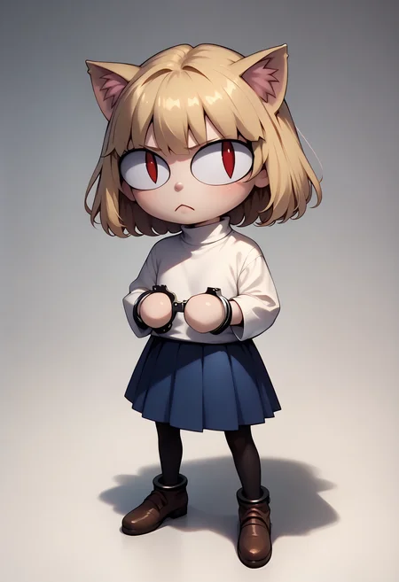 score_9, score_8_up, score_7_up BREAK <lora:HandcuffsV2:1> handcuffs, cuffs,  <lora:necoarc-guy-PONYv1_1:1> necoarc, blonde hair, red eyes, slit pupils, cat ears, :3, chibi, turtleneck, white shirt, blue skirt, pleated skirt, pantyhose, brown footwear, turtleneck, white shirt, purple skirt, pantyhose