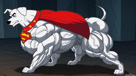 male,feral,solo,
standing,idle,
krypto,white dog,<lora:Krypto:0.8>,white fur,white body,(feral dog:1.2),red collar,superman logo,red cape,
muscular rump,muscular thighs,obliques,
(hyper muscle feral:1.2),(hyper muscular feral:1.2),(feral muscle:1.1),muscle growth,<lora:muscular-feral-000002:0.5>,
vein,veins,veiny muscles