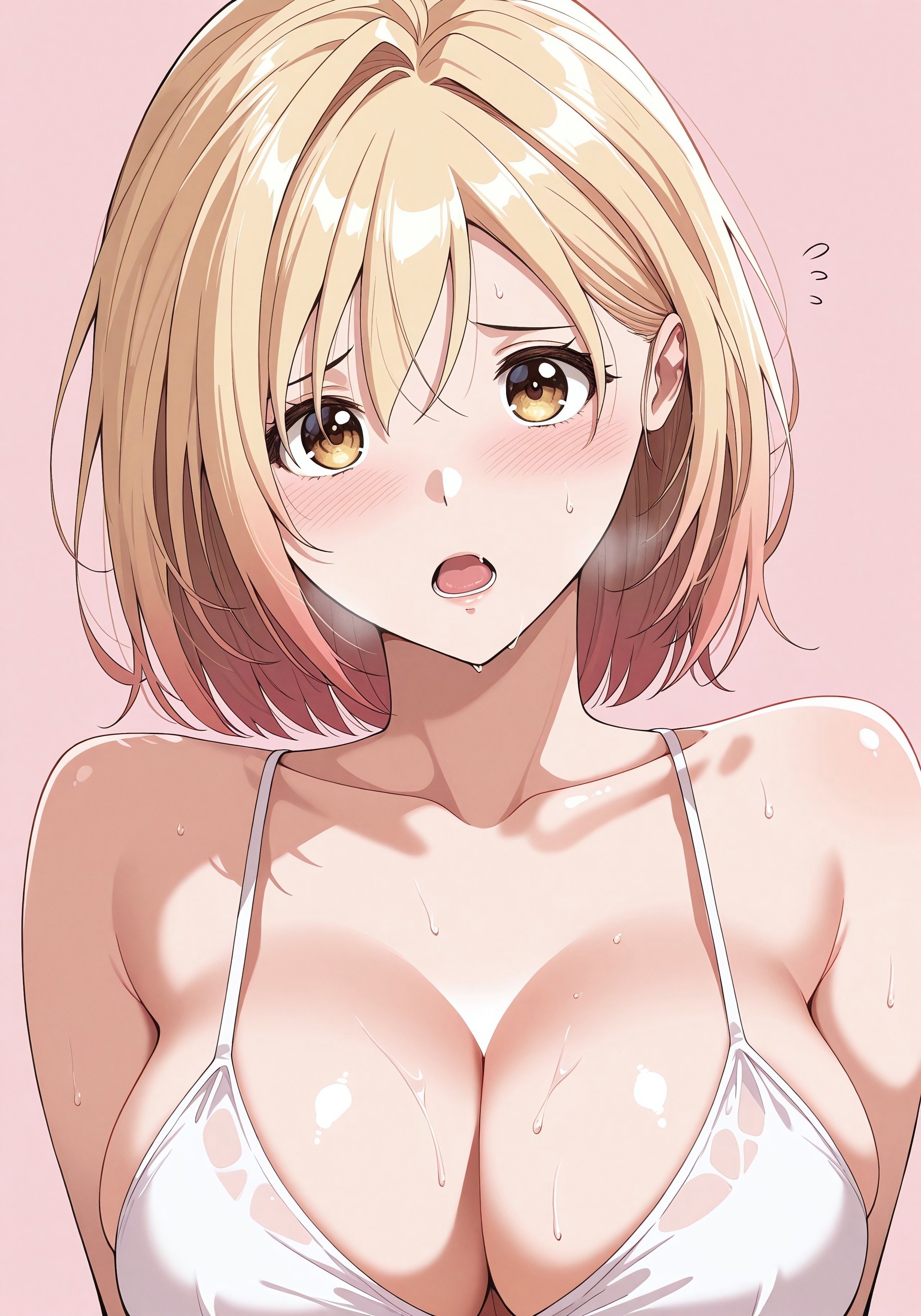 ultra-detailed,detailed face,
score_9, score_8_up, score_7_up, source_anime,(extremely detailed CG), (best quality), rika,blonde hair,large breasts, slender waist ,
1girl, solo, blush, pink background, open mouth,short hair, sweat, simple background, portrait, sweatdrop,looking at viewer,rika