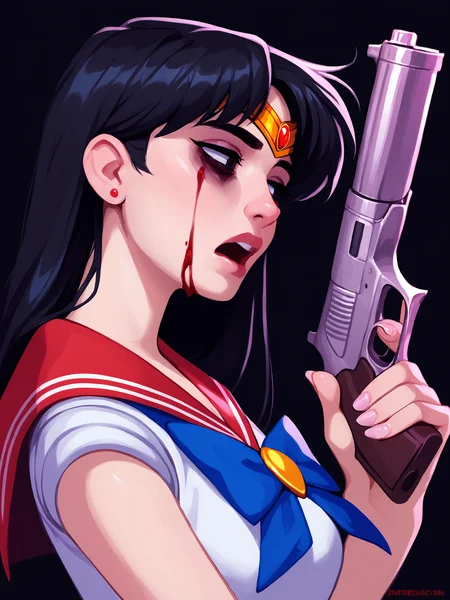 score_9, score_8_up, score_7_up, score_6_up, score_5_up, score_4_up, rating_safe
BREAK
sailor mars, circlet, black hair, black eyes, looking away, tired, half-closed eyes, bags under eyes, sigh, open mouth, looking down, blood on face, blood splatter,
BREAK
solo, portrait, magical girl, red serafuku, from side, holding gun, handgun, blood on weapon,
BREAK
black background, <lora:Lunas-Calm-SDXL-A1:1>