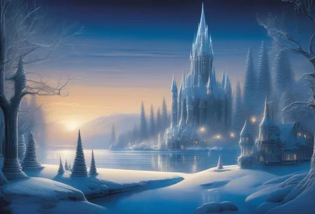 A whimsical winter wonderland,
with ice sculptures and twinkling lights adorning the frozen lake. evening,
intricate design,
cinematic lighting,
LP cover,
Giger Marc Simonetti print,
Mysterious