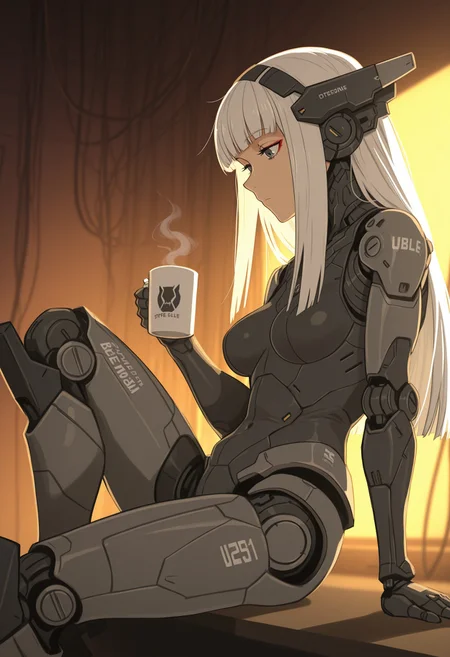 mature female, 1girl, solo, long hair, breasts, holding, sitting, medium breasts, white hair, sidelocks, hairband, blunt bangs, from side, cup, grey eyes, makeup, expressionless, arm support, headgear, robot, holding cup, straight hair, science fiction, knee up, mug, android, cable, joints, mechanical arms, cyborg, single mechanical arm, robot joints, coffee mug, mechanical parts, mechanical legs, cyberpunk, limited palette, high detail, depth of field, (blurred background), (dramatic lighting), 8k, detailed background, ambient lighting, global illumination, cutscene, masterpiece, best quality, ultra-detailed, amazing quality, very aesthetic, incredibly absurdres, highres, newest, latest, khly2, <lora:cabe3100-c5ea-457b-a462-163ce9dc1d35:1.0>