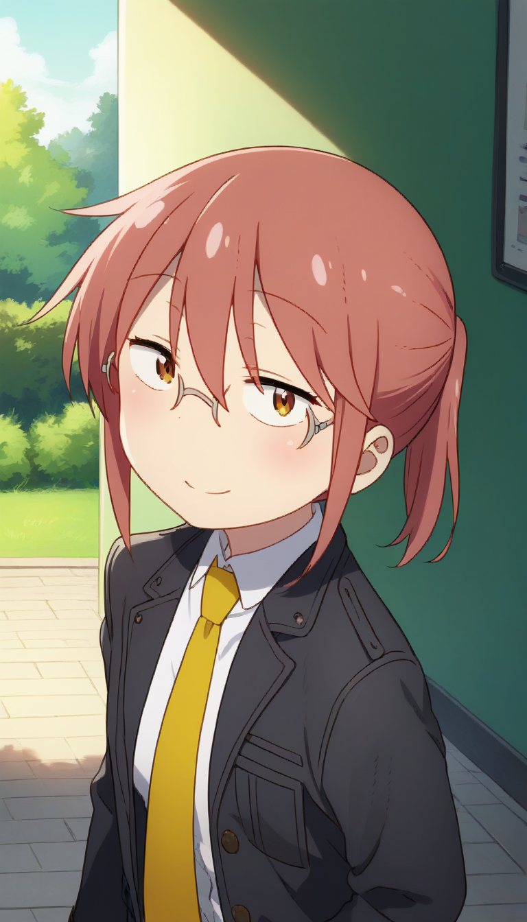 score_9,score_8_up,score_7_up,score_6_up BREAK official art,solo,outdoors,upper body,(portrait:1.5),looking at viewer,facing viewer,smile,blush,Kobayashi,long hair,red hair,short ponytail,sidelocks,hair between eyes,bangs,brown eyes,glasses,black jacket,Blazer,pocket,yellow necktie,collared shirt,white shirt,long sleeves,small breasts,black pants,leather footwear,brown footwear,<lora:Kobayashi(mkdm)-Pony:1.5>,